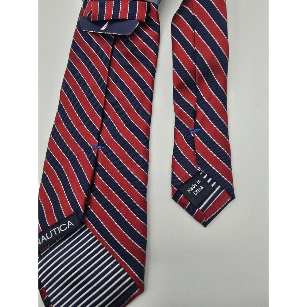 NAUTICA Men's Classic 100% Silk Necktie Designer STRIPED Red/Blue/White GUC